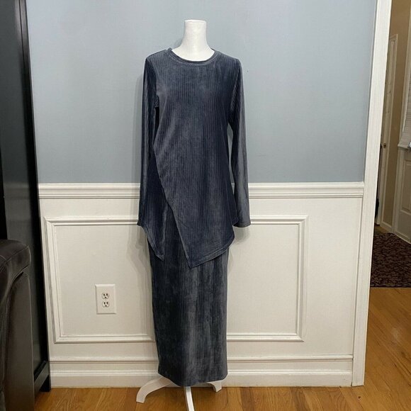 NWT Minimalist Ricciel Skirt Set Velvet Velour Blue Ribbed Modest Size Medium M - Picture 2 of 13
